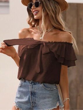 SweatyRocks Women's Off Shoulder Ruffle Trim Knot Front Blouse